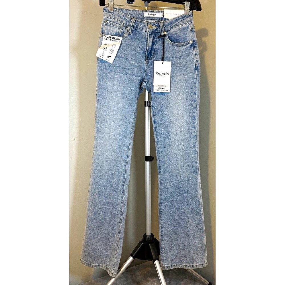 Refrain Women's Low Rise Bootcut Jeans Blue Wash Rhinestone Butterfly
